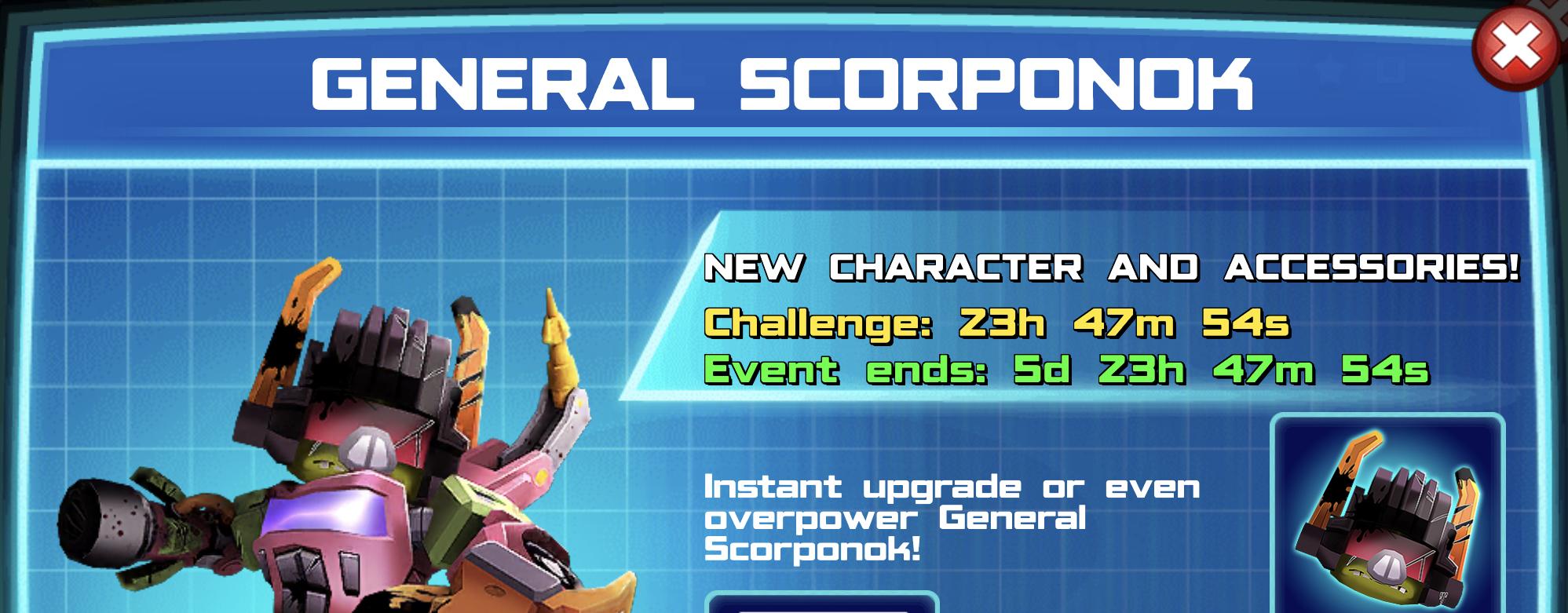 The event banner for General Scorponok 